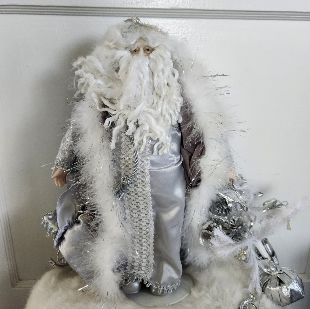 Elegant Porcelain Santa Claus Figurine 16" White Silver Robe Christmas Holiday